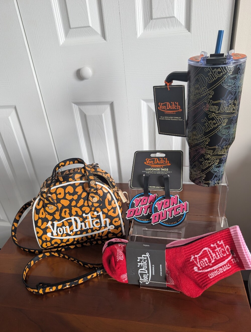✨ BUNDLE DEAL ✨ Von Dutch Orange Cheetah Bag, Tumbler, Socks & Luggage Tags